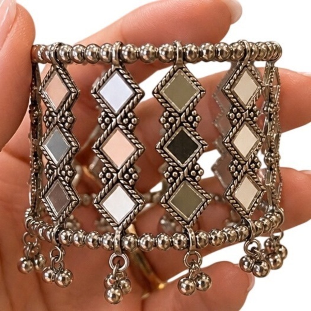 Bohemian Antiqued Silver Tone Mirror Inlay Diamond Cuff Bracelet with Charms